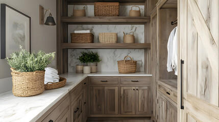 Rustic Farmhouse Laundry Room Interior Design with Wooden Cabinets and Marble Countertops