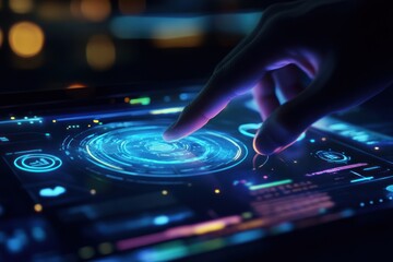 Futuristic Hand Interacting with Touchscreen Display Technology Interface