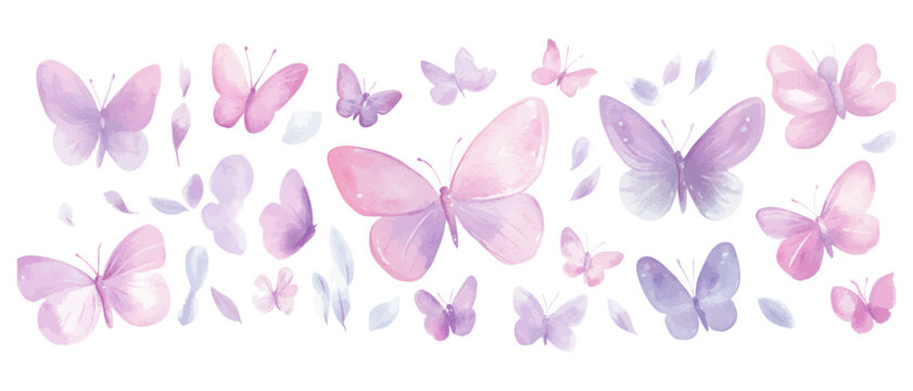 Watercolor illustration of pink and purple butterflies with soft delicate wings for nature inspired and artistic designs