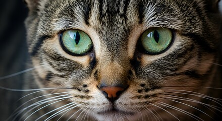 A stunning close-up portrait of a tabby cat with vibrant green eyes, showcasing intricate fur details and whiskers. The image captures the cat's intense gaze and facial features in high resolution.