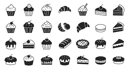 a set of black-and-white silhouette icons of various bakery items, including cupcakes, croissants, cakes, tarts, macarons, and pastries. The monochrome style makes them suitable for logos, packaging, 