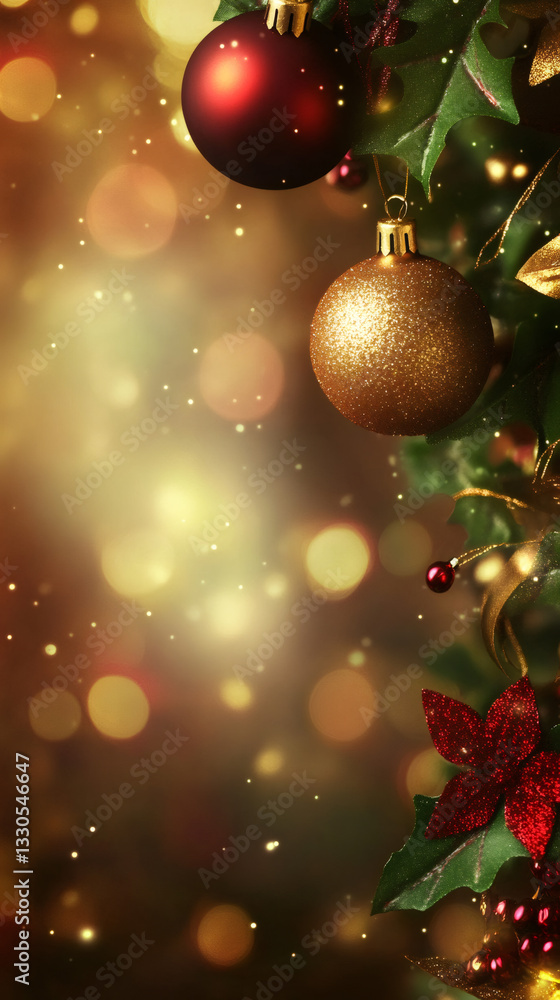Aufkleber Sparkling golden bokeh backdrop illuminating festive red and gold ornaments swinging gently against softly falling snow