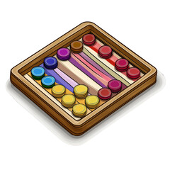 Wooden tray contains round game pieces; multi-colored stripes background in isometric view isolated on white or transparent png