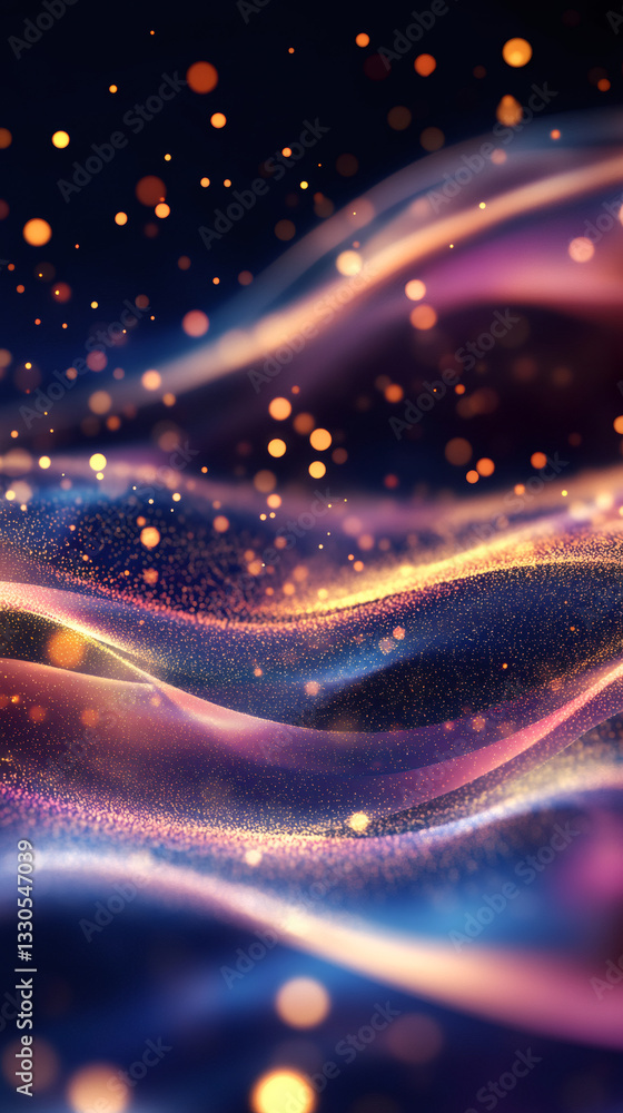 Poster Vibrant particles streaming, generating dynamic waves with luminous bokeh blur against dark backdrop