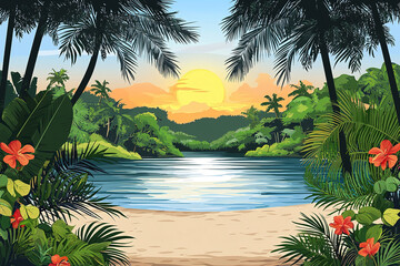 Tropical river flowing to the sea at sunset with palm trees and flowers