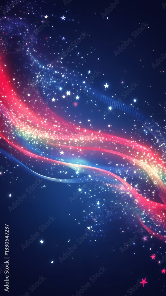 Poster Luminous cosmic waves swirling with glittering starlight, generating dynamic digital landscape of ethereal celestial energy and mesmerizing visual rhythm