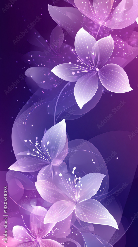 Poster glowing purple flowers with delicate petals and sparkling particles create a magical floral backgrou