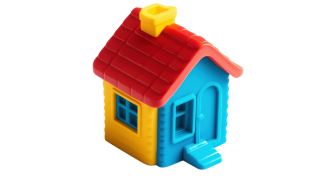 Colorful plastic toy house with red roof and blue walls suitable for children's playtime and educational activities