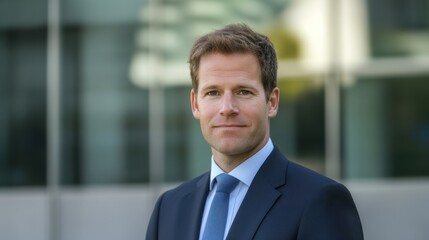 Fototapeta premium Professional Businessman Portrait in Formal Attire with Modern Building Backdrop