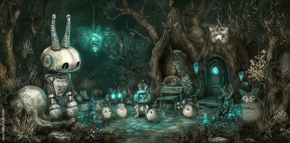 Poster a whimsical forest scene featuring several unique robot characters