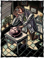 doctor in his medical office holding a stethoscope up to a piggy bank on an examining table