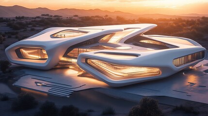 Obraz premium Futuristic building in desert landscape at sunset