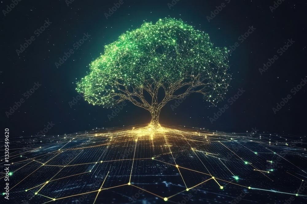 Poster a digital tree illuminated with connected lights in space