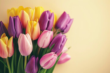 Fototapeta premium beautiful tulips on a bright plain background with space for text