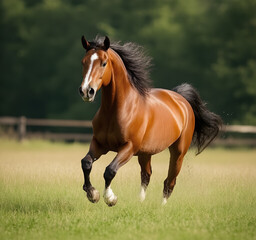The bay horse gallops on the grass
