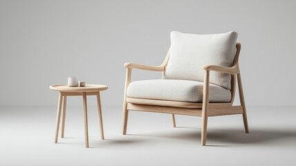 Simple wooden armchair and side table in a minimalist setting
