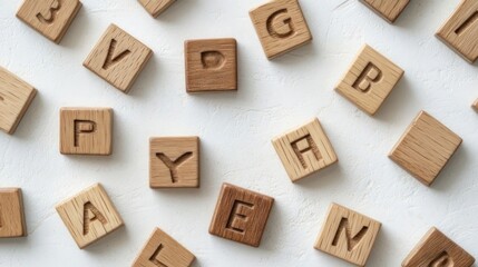 Obraz premium Wooden alphabet letter tiles scattered on a white surface