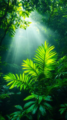 Sunlight streams through lush jungle foliage