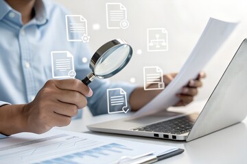 Document review process and quality control concept. Hand holding magnifying glass over a document icon with checklist, Document review and approval. Certificate management, Audit, Standardization,