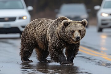 Fototapeta premium Brown Bear Crossing Wet Road With Cars