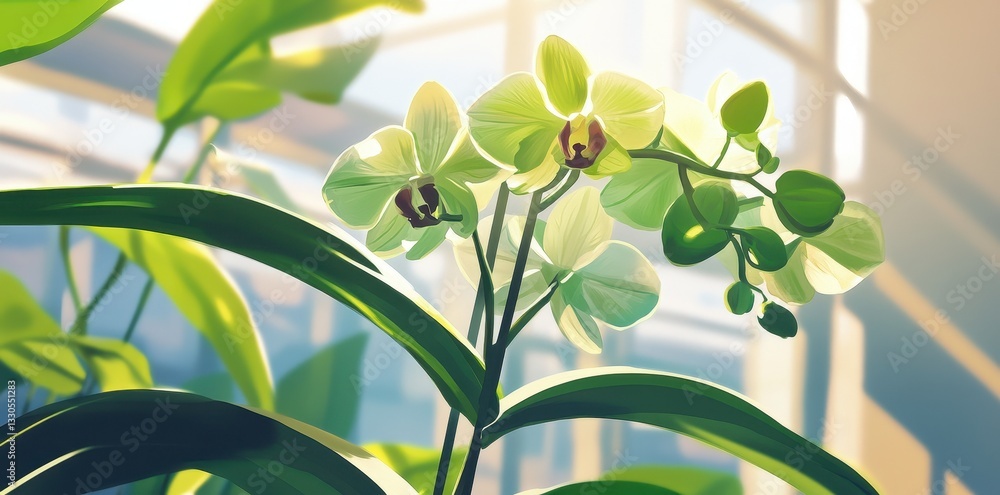 Poster beautiful image of a flower in front of a window
