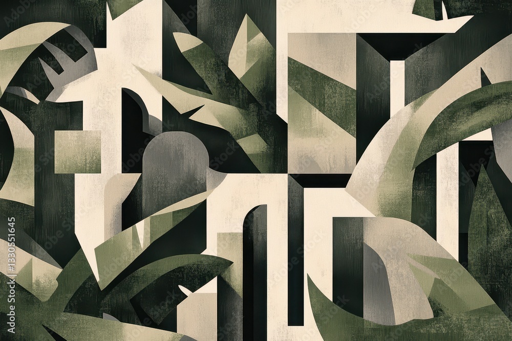 Poster geometric shapes and botanical elements form an abstract patterned image