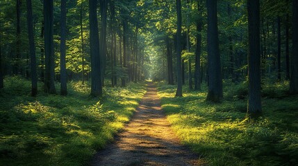 Obraz premium Immersive Spring Nature Hike Scene with Lush Forest Pathway, Filters of Dappled Light on Trees and Vibrant Green Canopy