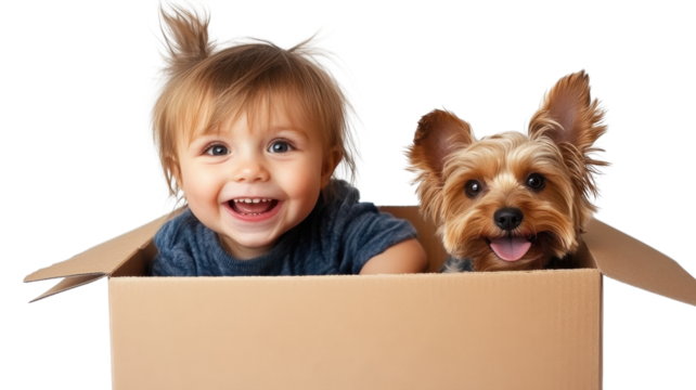 Happy toddler and playful dog in a cardboard box enjoying a fun moment together at home