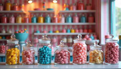 Colorful candy jars in retro sweet shop