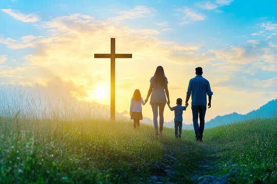 Silhouette of Family Walking to Christian Cross at Sunset