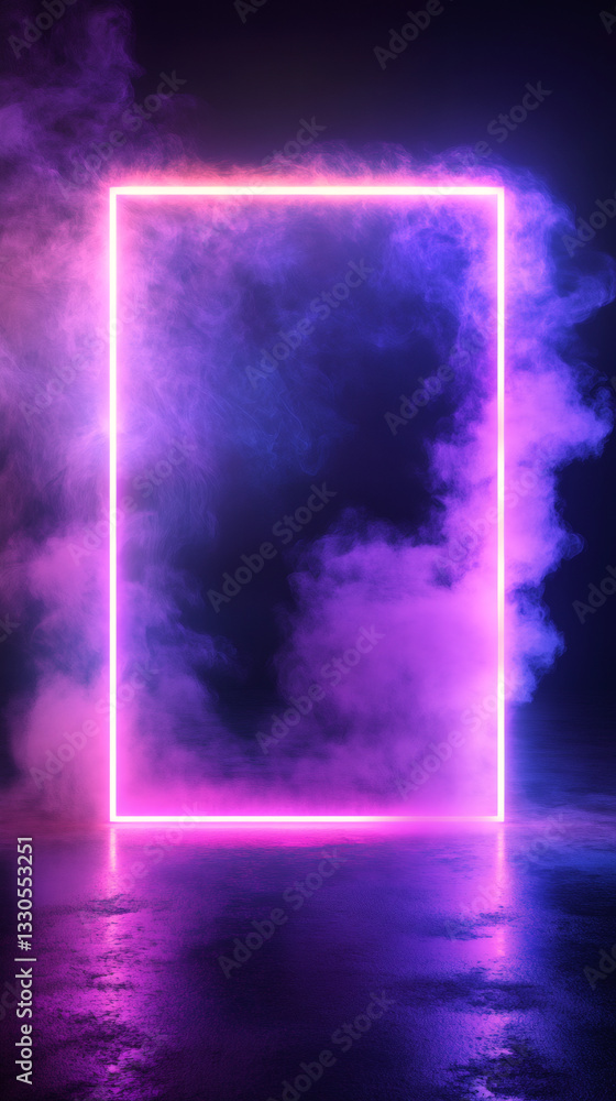 Aufkleber glowing rectangular frame illuminating purple smoke in a dark room, creating a mysterious and futuri