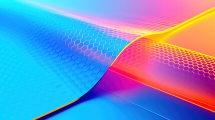 Abstract representation of layered graphene sheets with hexagonal patterns in vibrant blue, orange, and purple hues. Modern fabric and technological design concepts.