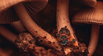 Mushrooms Growing with Green Spores Close Up in Nature Ground
