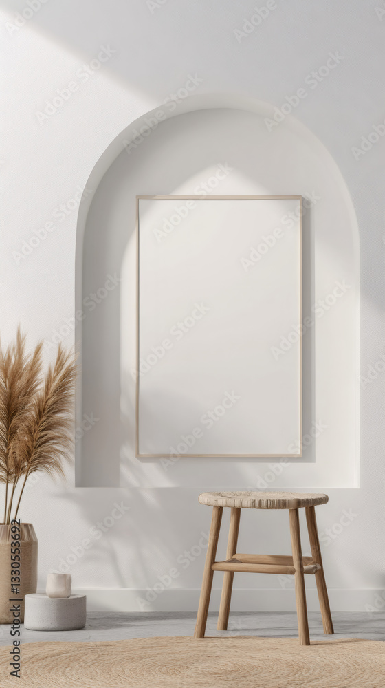 Poster rustic wooden stool, pampas grass decorating minimalist arched niche with empty frame