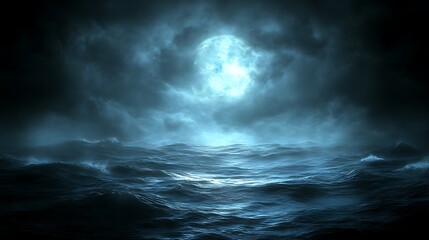 Fototapeta premium Nighttime Ocean Scene with Full Moon and Dark Clouds