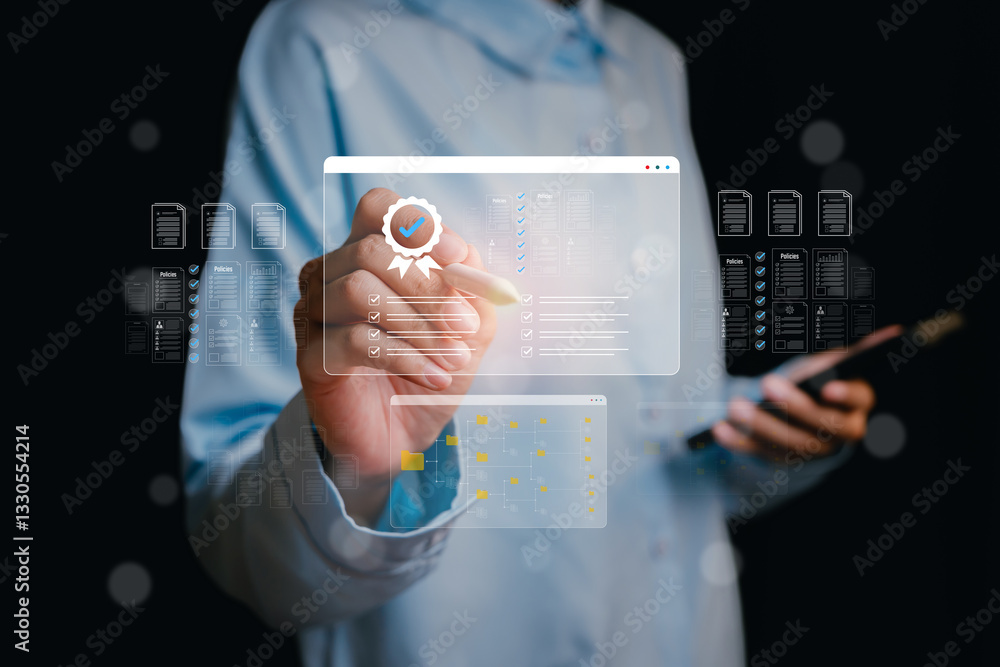 Poster business professional using digital technology for document management and data analysis, business c