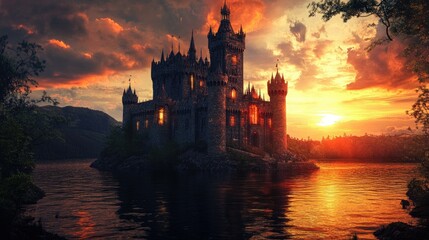 Fototapeta premium A majestic castle stands on an island at sunset, surrounded by tranquil waters and lush greenery, with vibrant clouds reflecting the golden hues of the sky, evoking a sense of fantasy