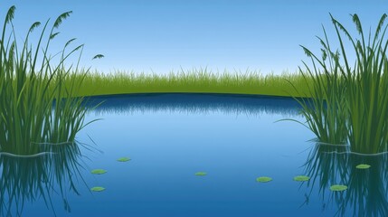 Fototapeta premium Serene Pond Landscape: Tranquil Reflections of Nature's Beauty