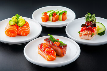 Artfully Presented Sushi Assortment Showcasing Flavors From Diverse Cultures in a Minimalist Setting