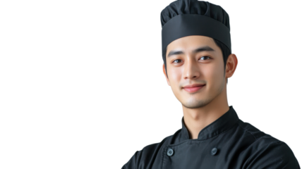 Skilled chef wearing a black uniform and hat smiles confidently while posing in a bright kitchen setting
