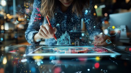 Creative businesswoman digitally sketching ideas on a tablet using a stylus. AI generated