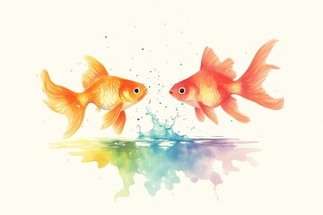 Fototapeta premium Adorable fish splashing in a rainbowcolored puddle, joyful scene, Watercolor style 