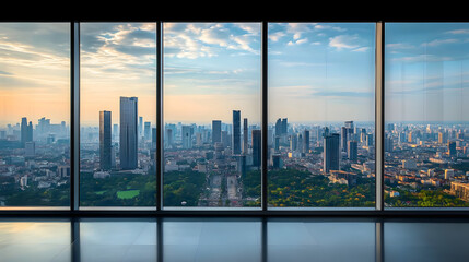 Naklejka premium A stunning aerial view of a bustling cityscape, showcasing skyscrapers, streets, and parks through a large window frame.