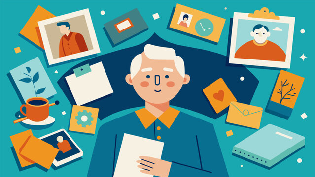 A collage of old photographs postcards and mementos spread out in front of a senior serving as a visual aid in the writing process.. Vector illustration