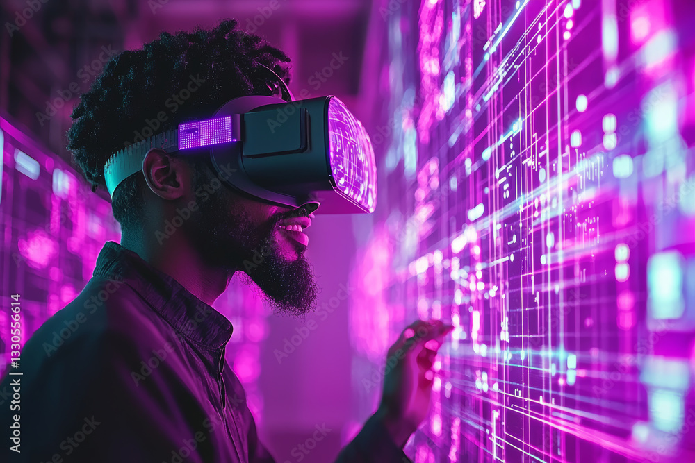 Poster immersive virtual reality experience with man using vr headset, interacting with vibrant digital int