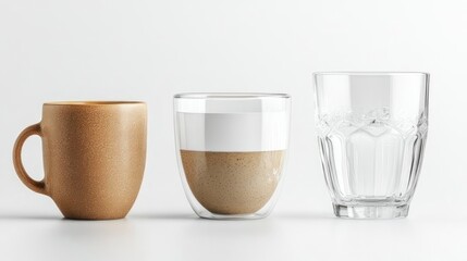 Three different coffee cups and glasses