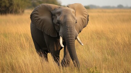 Fototapeta premium Majestic African Elephant Walking Through Golden Savannah Grasslands