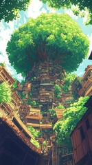 A giant tree with houses built into its massive trunk