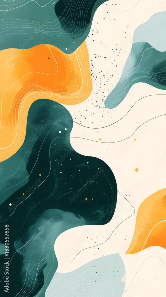 Poster Vibrant geometric forms merging, swirling with fluid color splashes, generating dynamic visual energy for contemporary graphic design applications