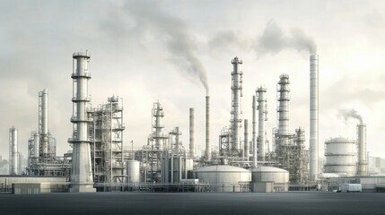 Obraz premium Industrial Complex with Smoke Stacks and Structures at Dusk